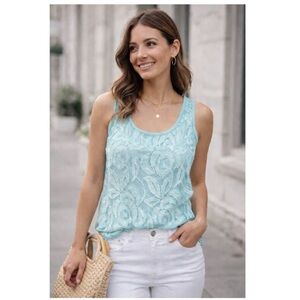 RICKI’S Floral Lace Overlay Sleeveless Blouse Sz S Pastel Icy Aqua Feminine Tank